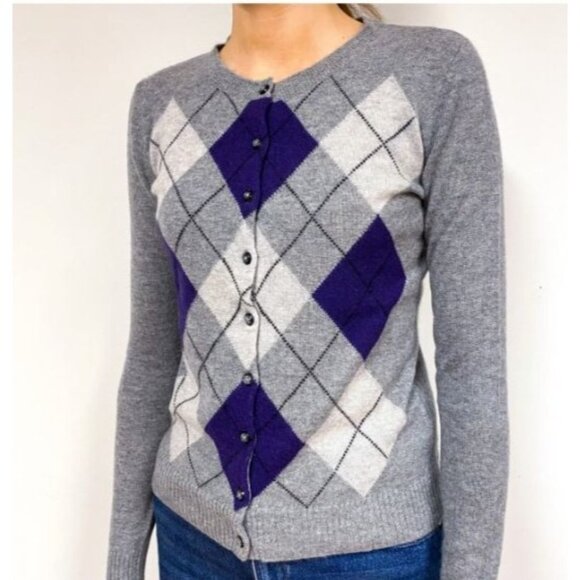 APT. 9 Women's Argyle Cardigan Sweater Size large Cashmere Gray & Purple - Picture 5 of 9